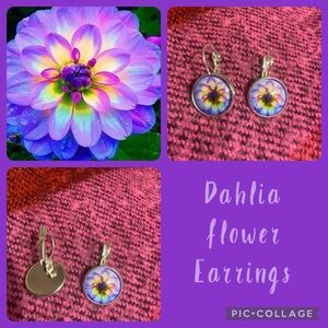 Dahlia purple flower earrings Round cabochon on silver tone setting new 🪻